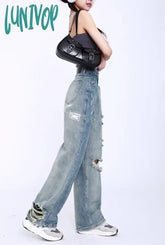 Lunivop Hole Design Women’s High Waisted Straight Tube Dark Light Blue Jeans Summer That Feels